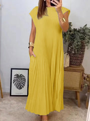 Pleated Pockets Solid Color Split-Joint A-Line High Waisted Round-Neck Maxi Dresses