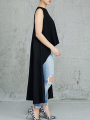 Solid Color High-Low Sleeveless Round-Neck Vest Top