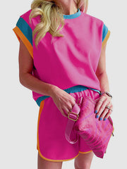 Contrast Color Elasticity Loose Short Sleeves Round-Neck T-shirt + Shorts Two Pieces Set