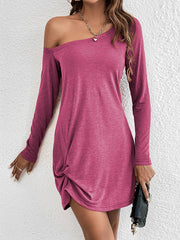 Casual Loose Long Sleeves Solid Color One-Shoulder Mini Dresses