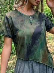 Asymmetric Split-Joint Tie-Dyed Irregular Clipping Short Sleeves Round-Neck T-Shirts