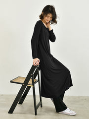 Simple Long Sleeves Loose Solid Color Round-Neck Midi Dresses