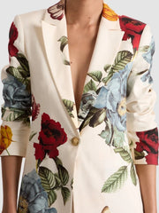 Buttoned Flower Print Pockets Long Sleeves Loose Notched Collar Outerwear Blazer