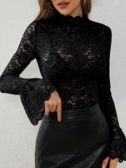 See-Through Solid Color Split-Joint Flared Sleeves Long Sleeves Mock Neck T-Shirts Tops