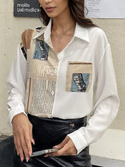 Asymmetric Buttoned Pockets Printed Long Sleeves Loose Lapel Blouses&Shirts Tops