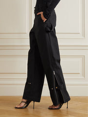 Solid Zip-Detailed Wide Leg Pants