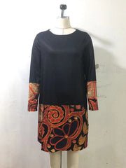 Casual Loose Long Sleeves Contrast Color Printed Round-Neck Mini Dresses