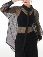 Lacy See-Through Solid Color Long Sleeves Loose Lapel Blouses&shirts Tops