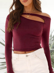 Asymmetric Hollow Solid Color Long Sleeves Skinny Asymmetric Collar T-Shirts Tops