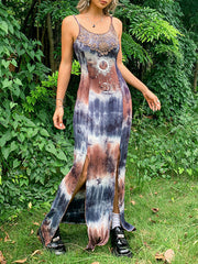 Printed Split-Joint Split-Side Tie-Dyed Skinny Sleeveless Spaghetti-Neck Maxi Dresses