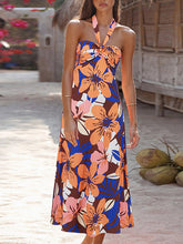 Flower Print Hollow Split-Joint A-Line Loose Halter-Neck Midi Dresses