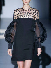 Hollow Solid Color Split-Joint Long Sleeves Loose Round-Neck Mini Dresses