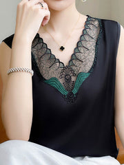 Embroidered Mesh Split-Joint Loose Sleeveless V-Neck Vest Top