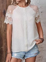 See-Through Lace Split-Joint Loose Short Sleeves Round-Neck T-Shirts Tops