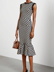 Contrast Color Plaid Pleated Bodycon Mermaid Round-Neck Sweater Dresses Midi Dresses