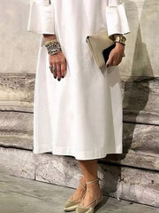 Solid Color Loose Three-quarter Sleeves Round-neck Midi Dresses