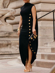 Solid Color Split-Side Loose Sleeveless Shawl Collar Maxi Dresses