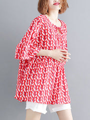 Artistic Retro Loose Half Sleeves Printed Pleated Falbala Round-Neck T-Shirts Tops
