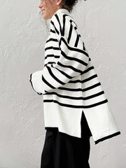 Split-Joint Split-side Striped High-low Long Sleeves High Neck Sweater Tops