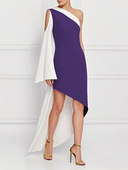 Flared Sleeves High-Low Contrast Color Hollow One-Shoulder Maxi Dresses