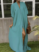 Solid Color Split-Front Split-Joint Batwing Sleeves Loose V-Neck Shirt Dress Maxi Dresses