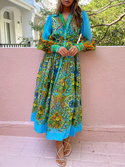 Belted Floral Printed High Waisted Loose Lapel Midi Dresses