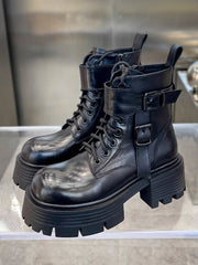 Buckle Lace-Up Round-Toe Solid Color Split-Joint Dr. Martens Boots Boots