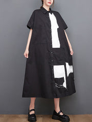Original Loose Short Sleeves Buttoned Contrast Color Printed Midi Dresses