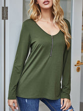 Hollow Split-Side Zipper High-Low Long Sleeves V-Neck T-Shirts Tops