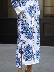 Buttoned Printed Split-side Long Sleeves Lapel Shirt Dress Maxi Dresses
