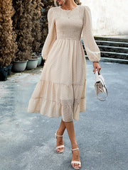 Elasticity Jacquard Solid Color Split-Joint A-Line Bishop Sleeve Round-Neck Midi Dresses