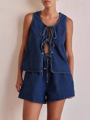 Lace-Up Split-Joint Loose Sleeveless Round-neck Vest Top