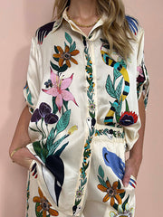 Loose Buttoned Half Sleeves Flower Print Pockets Lapel T-shirt Top + Drawstring Elasticity Pants Bottom Two Pieces Set