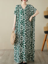Floral Printed Batwing Sleeves Loose V-Neck Maxi Dresses
