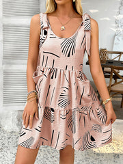 Contrast Color Pleated Pockets Printed Tied A-Line Loose Spaghetti-Neck Mini Dresses