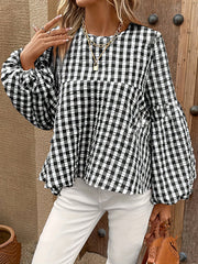 Elasticity Hollow Plaid Split-Joint Loose Puff Sleeves Round-Neck Blouses&Shirts Tops