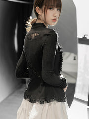Stylish Asymmetric Buttoned Hollow Lace Stand Collar Long Sleeves Knitwear Cardigan