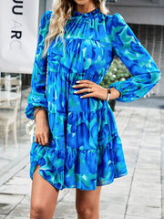 Printed Split-Joint Tied A-Line High Waisted Mock Neck Mini Dresses