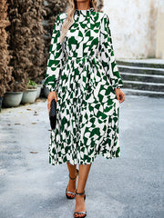 Pleated Printed Tied Waist Long Sleeves Loose Mock Neck Midi Dresses