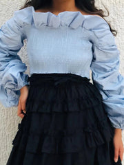 Elasticity Ruffle Trim Solid Color Split-Joint Long Sleeves Loose Off-The-Shoulder Blouses&Shirts Tops
