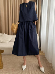 Solid Color Round-Neck Vest + High Waisted Skirt Two Pieces Set