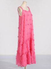 Layered Pleated Split-Joint Three-Dimensional Flower A-Line High Waisted Spaghetti-Neck Maxi Dresses