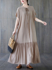 Lace-Up Pleated Solid Color Split-Joint Loose Short Sleeves Round-Neck Midi Dresses