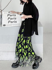 Pleated Printed Split-Joint Tasseled High Waisted H-Line Skirts