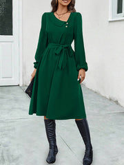Buttoned Solid Color Tied Waist A-Line Long Sleeves Asymmetric Collar Midi Dresses
