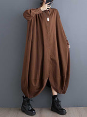 Buttoned Pockets Solid Color Split-Joint A-Line Long Sleeves Lapel Shirt Dress Midi Dresses