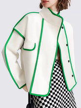 Long Sleeves Loose Buttoned Contrast Color Pockets Split-Joint Stand Collar Woolen Coat