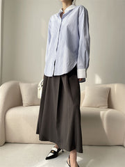 Pleated Split-Joint Striped Irregular Clipping Lapel Blouses