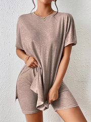 Solid Color Split-Joint Split-side Loose Raglan Sleeve Round-neck Pajama Sets