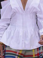 Hollow Pleated Solid Color Long Sleeves Cold shoulder Blouses&shirts Tops